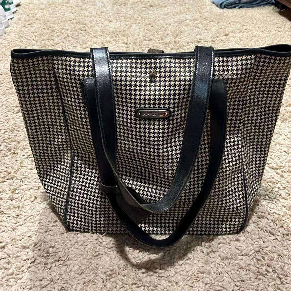 Vintage Polo Ralph Lauren Houndstooth Black and White Coated Canvas Leather Tote